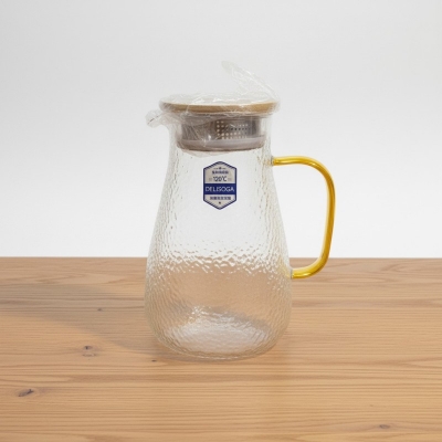 Picture of Premium 1.5L Borosilicate Glass Pitcher with Elegant Golden Handle, Heat-Resistant Hammered Pattern Water Jug with Stainless Steel Filter Lid, Perfect for Iced Tea, Hot Coffee, Fresh Juices, and Stylish Home Dining.-Multicolor