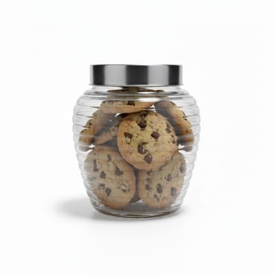 Picture of Airtight Glass Cookie Jar with Stainless Steel Lid for Kitchen Countertop Storage, Perfect Round Ribbed Candy Jar and Food Container for Keeping Homemade Chocolate Chip Cookies Fresh and Crispy Longer.-Multicolor