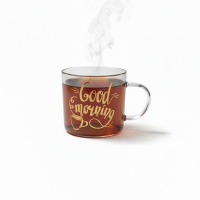 Picture of Clear Borosilicate Glass Coffee Mug with Gold Good Morning Print, Heat Resistant Transparent Tea Cup for Hot and Cold Beverages, Lightweight Fireproof Breakfast Tumbler for Home Kitchen Use.-Multicolor