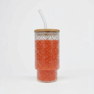 Picture of Premium Damask Embossed Clear Glass Tumbler with Eco-Friendly Bamboo Lid & Reusable Glass Straw for Iced Coffee, Juice, Smoothies, & Cold Beverages: Stylish BPA-Free 16oz Drinking Cup-Multicolor