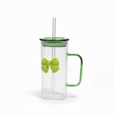 Picture of Premium Square Borosilicate Glass Coffee Mug featuring Aesthetic Blue 3D Bow Decoration, Leakproof Lid, Matching Reusable Straw, and Ergonomic Handle for Stylish Iced Tea, Smoothies, Milk, Juice, and Trendy Home Drinkware green-Multicolor