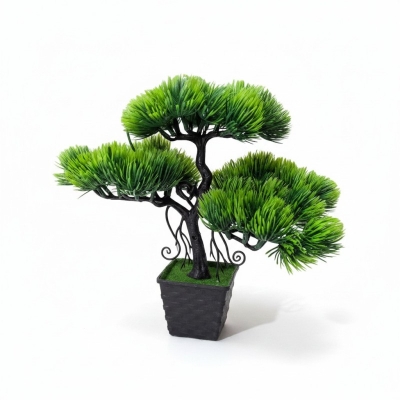 Picture of Artificial Bonsai Pine Tree in Black Decorative Pot – Realistic Faux Greenery for Home Office Desk Decor, Bookshelf, and Indoor Zen Aesthetic Styling-Green