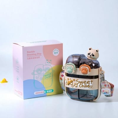 Picture of 500ml Kids Cartoon Panda Water Bottle with Straw | Cute Plastic Drinking Cup for Children | Durable Food Grade Material | Portable Double Drink Mug for School Travel Home Daily Use gry-grey