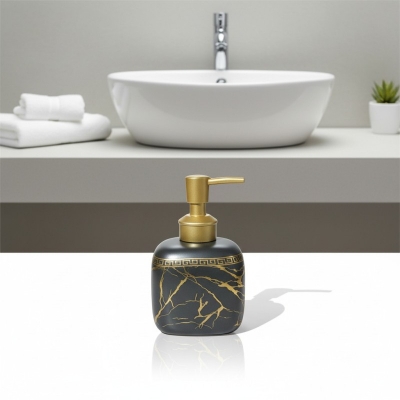 Picture of Luxury black marble ceramic soap dispenser featuring a stunning gold Greek key pattern around the neck and a premium gold pump perfect for enhancing your sophisticated bathroom vanity or modern kitchen decor.-black