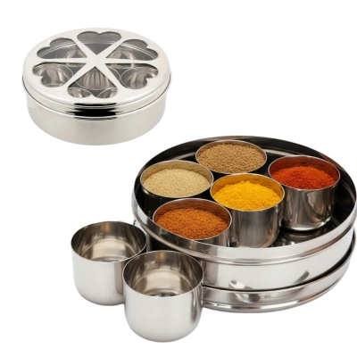 Picture of Premium Stainless Steel Masala Dabba Spice Box with 7 Containers and Airtight Transparent Lid for Modern Kitchen Organization, Perfect for Storing Indian Spices, Herbs, and Dry Fruits with Long-lasting Freshness Today.-Silver
