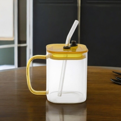 Picture of 490ml Clear Borosilicate Glass with Square Design, Colorful Handle, Acrylic Lid & Straw – Microwave Safe, Scratch Resistant – Ideal for Coffee, Milk, Juice – 1PCS.-yellow