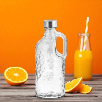 Picture of Convenient 1000ml Hammered Glass Beverage Bottle, Handle Included, Spill-Proof Stainless Steel Screw Lid – Optimal for Juices, Water, Gym & Office Use.-Multicolor