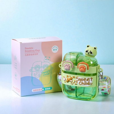 Picture of 500ml Kids Cartoon Panda Water Bottle with Straw | Cute Plastic Drinking Cup for Children | Durable Food Grade Material | Portable Double Drink Mug for School Travel Home Daily Use green-green