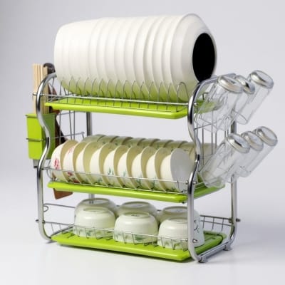 Picture of Premium 3-Tier Stainless Steel Kitchen Dish Drying Rack with Green Drip Trays, Utensil Holder, and Glass Hangers – Heavy Duty, Rust-Proof Tableware Organizer and Space-Saving Countertop Drainer for Bowls, Plates, and Cups-Multicolor