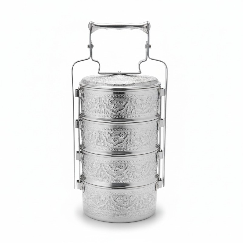 Picture of Vintage Thai Aluminum 4 Tier Tiffin Food Carrier Pin Toe Traditional Embossed Silver Color Multi Layer Lunch Box Ideal for Keeping Food Warm-Multicolor