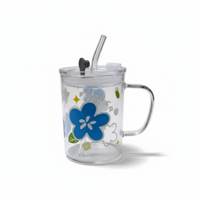 Picture of Floral Design Premium Glass Jar Mug with Handle, Airtight Leak-Proof Lid, and Reusable Straw for Coffee, Milkshakes, Juice, or Water; Elegant Heat-Resistant Borosilicate Drinkware Container Perfect for Stylish Home and Gift.-Multicolor
