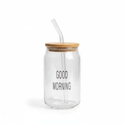 Picture of Good Morning Glass Mug with Airtight Bamboo Lid and Reusable Glass Straw 16oz Borosilicate Coffee Tumbler Heat Resistant Drinking Cup for Juice Smoothies Iced Coffee Milk and Versatile Daily Household Beverage Use-Multicolor