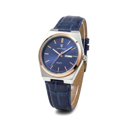 Picture of Men's Luxury Fashion Quartz Watch with Premium Blue Leather Strap, Waterproof Luminous Calendar Display, and Elegant Rose Gold Bezel Design for Sophisticated Business Professionalism and Everyday Classic Style Wear.-Blue