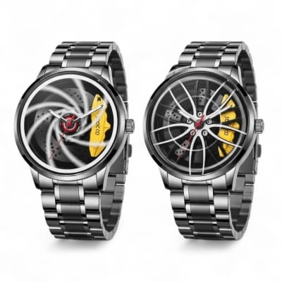 Picture of Creative Design Rotation Dial Watch For Men Features A Unique Car Wheel Rim Hub Design With Stainless Steel Band And 3ATM Waterproof Depth Perfect For Sports And Automotive Fashion Enthusiasts Worldwide.-Black
