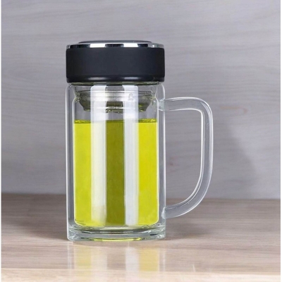 Picture of Double-Layer Glass Thermos Cup, for Middle-Aged and Elderly People Vacuum Flask, Insulated Tea Cup with Handle 500ML, leather cutting lid multiple color-Multicolor