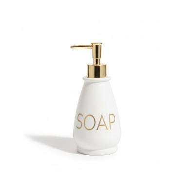 Picture of Luxury white glass liquid soap dispenser featuring a premium gold-colored pump and decorative SOAP gold lettering perfect for enhancing your bathroom vanity decor or modern kitchen sink countertop with elegant style.-white