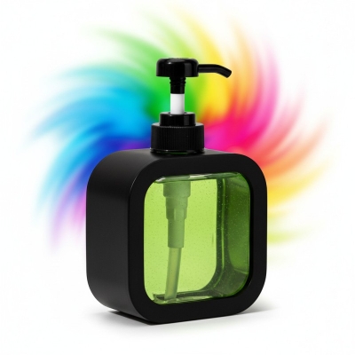 Picture of Modern Black square-shaped plastic soap dispenser featuring a clean exterior shell and a clear internal window for easy liquid level monitoring perfect for enhancing your bathroom vanity or modern kitchen sink decor.-black
