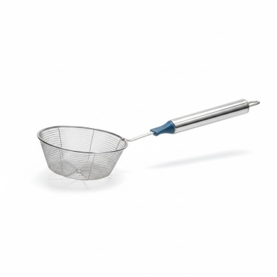 Picture of Premium Stainless Steel Spider Strainer and Deep Fry Mesh Skimmer Jhara with Ergonomic Blue Handle, Professional Grade 15cm Wire Skimmer for Frying Puri, Samosa, Pasta, and Efficient Oil Filtration for Home Kitchens.-Silver