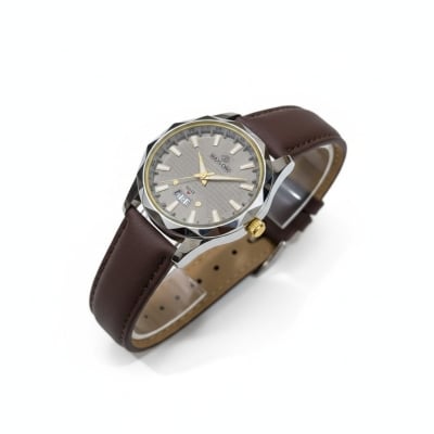 Picture of Premium Men's Watch featuring a Textured Gray Dial and Genuine Brown Leather Strap, designed with Luxury Analog Display, Date Function, Stainless Steel Case, and Elegant Business Casual Style for Modern Gentlemen.-Chocolate