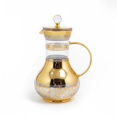 Picture of Premium luxury golden glass jug for dining table stylish 1700ml capacity heat resistant borosilicate glass water pitcher with lid and crystal knob perfect for serving cold juice tea and beverage items.-Gold