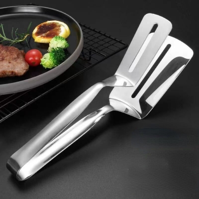 Picture of 1 pcs Stainless Steel Double-Sided Shovel Clip Anti-Scald BBq Barbecue Tong Fried Steak Shovel Fried Fish Shovel Vegetable Clamp Tool-Silver