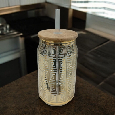 Picture of Printed Glass Tumbler with Lid – 1Pc 400ml Can Shaped Borosilicate Glass with Bamboo Lid & Glass Straw – Perfect for Coffee, Juice & More – Lightweight & Scratch Resistant-golden