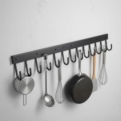 Picture of Premium Black Wall Mounted Kitchen Utensil Rack Hanger with 14 Hooks | Heavy-Duty Storage Rail Organizer for Spatulas, Spoons, Pans, & Mugs | Space-Saving Accessories for Modern Kitchens-Black