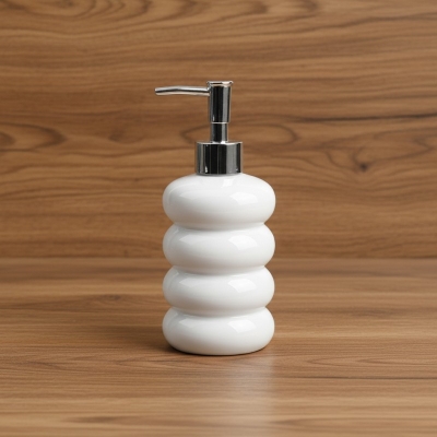 Picture of Elegant Modern White Ceramic Soap Dispenser with Chrome Pump: A Stylish Multi-Layer Stacked Bubble Design Liquid Hand Soap, Lotion, and Shampoo Bottle Perfect for Contemporary Bathroom Vanity or Kitchen Sink Decor Aesthetics.-White