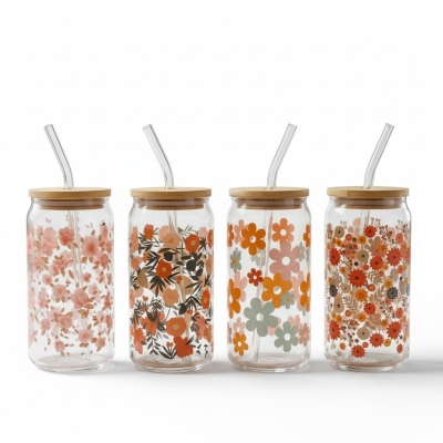 Picture of 4pcs set Aesthetic Floral 16oz Can-Shaped Glass Sipper with Eco-Friendly Bamboo Lid and Reusable Glass Straw for Iced Coffee, Matcha, Smoothies, and Cold Beverages, Perfect Boho Style Gift for Women and Bridesmaids-Multicolor