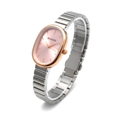 Picture of Luxury Women's Watch featuring an elegant pink oval dial and durable silver stainless steel band, perfect for professional office wear or casual outings, providing reliable Japanese quartz movement and style.-Multicolor