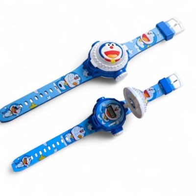 Picture of Doraemon cartoon character digital projector watch for kids featuring twenty-four different rotatable projection images high quality silicone strap adjustable wristband perfect birthday gift idea for boys girls and toddlers online shopping.-Blue