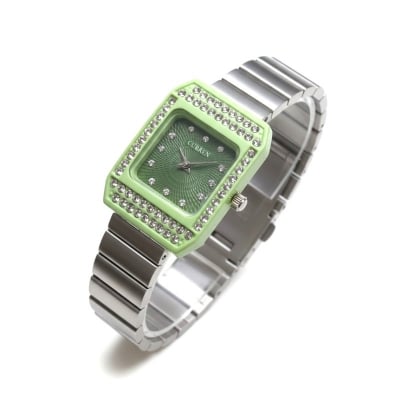 Picture of Luxury Women’s Silver Metal Watch Featuring Lime Green Square Case Rhinestone Crystal Bezel Textured Emerald Green Dial and Premium Stainless Steel Link Bracelet Band for Elegant Fashion Statement and Reliable Timekeeping.-Multicolor