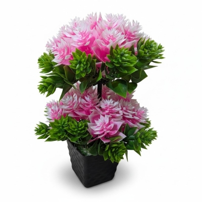Picture of Premium Two-Headed Pink Artificial Flower Bonsai Plant with Black Pot for Elegant Home and Office Tabletop Decoration-Multicolor