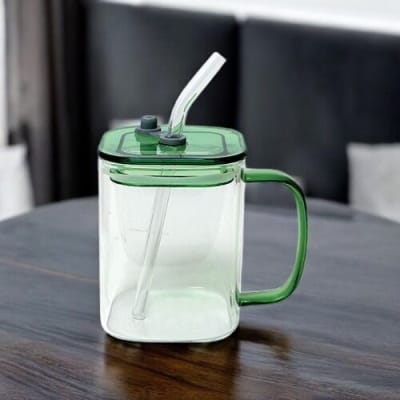 Picture of Clear 490ml Square Glass Cup with Colorful Handle, Acrylic Lid & Straw - Borosilicate Glass Milk Juice Tumbler Coffee Mug - Microwave Safe, Scratch Resistant - 1PCS.-green