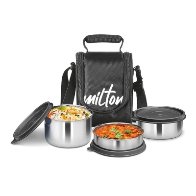 Picture of Milton Tasty 4 Stainless Steel Lunch Box with bag, black  3 in 1. 200,320 & 500 ml-Black