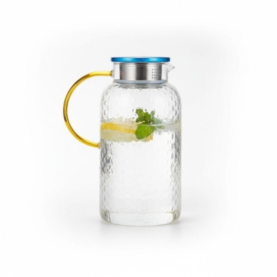 Picture of Premium 1.8L Hammered Borosilicate Glass Pitcher with Stainless Steel Filter Lid, Heat & Cold Resistant Water Jug, Elegant Gold Handle Beverage Carafe for Iced Tea, Juice, and Home Infusions-Multicolor
