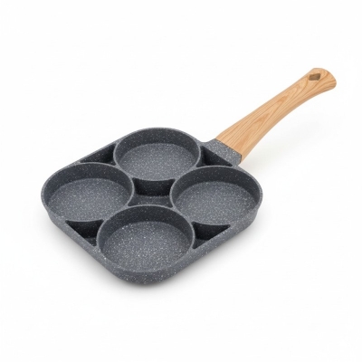 Picture of New 4-Hole Non-Stick Frying Pan with Maifan Stone Coating for Cooking Perfect Omelets Pancakes and Burgers Featuring a Heat-Resistant Wooden Handle Compatible with Gas Stoves and Induction Cooktops for Easy Breakfast Preparation.-Multicolor