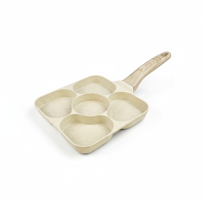 Picture of Premium Non-Stick 5-Hole Egg Frying Pan and Pancake Maker with Granite Coating, Multi-Sectional Divided Breakfast Skillet for Even Heat Distribution, Heart-Shaped Molds, and Ergonomic Wood Handle, Compatible with Induction and Gas Stoves.-Multicolor