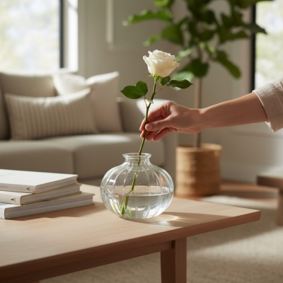 Picture of Elegant Clear Ribbed Glass Balloon Vase for Modern Home Decor Minimalist Round Bud Vase for Single Stems Hand Blown Decorative Glassware Centerpiece for Living Room Dining Table and Luxury Wedding Events.-Multicolor