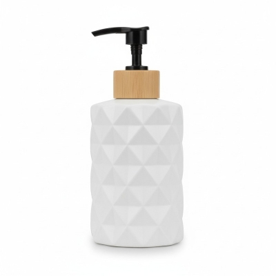 Picture of Premium white ceramic refillable soap dispenser for bathroom or kitchen sink use featuring a durable pump mechanism perfect for holding liquid hand soap and lotions in your modern home decor setup today.-white