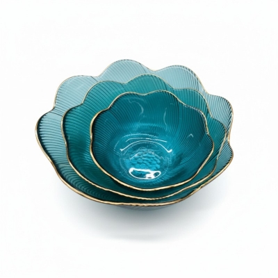Picture of Premium 3-Piece Golden Rim Glass Serving Bowl Set Featuring Elegant Petal Shaped Flower Design, Vibrant Teal Blue Crystal Glass, and Decorative Wavy Ribbed Texture for Stylish Salads, Fruits, Desserts, and Luxury Table Decor-Multicolor