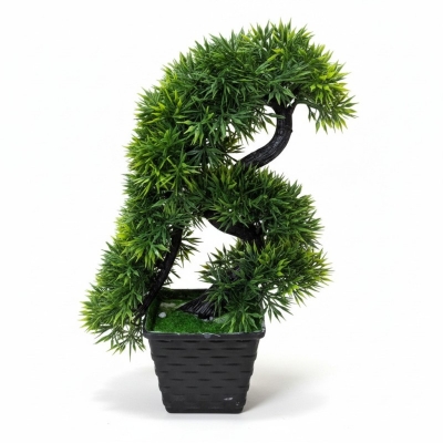 Picture of 10-Inch Green Artificial Bonsai Tree with Unique Elephant Trunk Design in a Stylish Black Plastic Vase-Green
