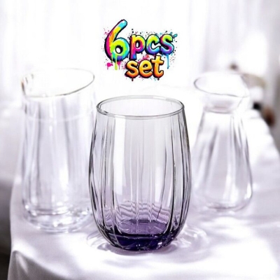 Picture of 380ML Purple Glass Cup Set - Dishwasher Safe, Lightweight Soda Lime Glass, Classic Round Shape, 6 Pcs, Ideal for Daily Use, Elegant and Durable Drinkware for Home or Office.-Multicolor