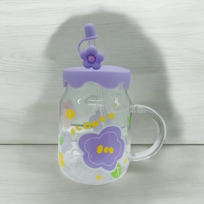 Picture of Stylish & Lightweight 400ml Borosilicate Glass Juice Mug | Printed Multi-Color Jar with Handle | Glass Straw & Silicone Cap-purple