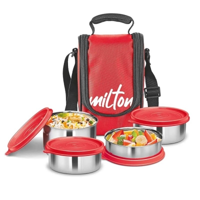 Picture of Milton Tasty 4 Stainless Steel Lunch Box with bag, Red 3 in 1. 200,320 & 500 ml-Red