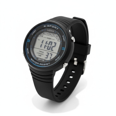 Picture of Waterproof Silicon Digital Sport Watch for Men offers premium durability and style with a high-quality quartz movement, digital display, resin case, and black rubber strap perfect for active outdoor fitness lifestyles.-Black