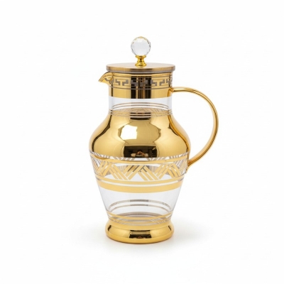 Picture of Premium Arabian Style Gold Decal Glass Pitcher with Lid for Serving Cold Water, Iced Tea, and Juice, Featuring Heat-Resistant Borosilicate Glass and Elegant Greek Key Patterns for Luxury Home Dining.-Gold