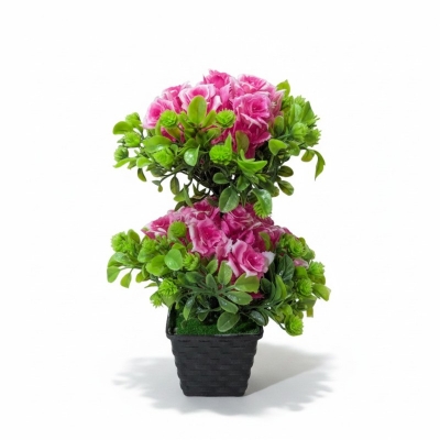 Picture of Premium Two-Tier Pink Artificial Rose Bonsai Tree in Black Decorative Pot for Home and Office Table Decor-Multicolor