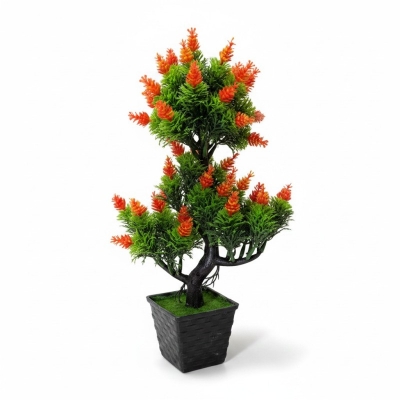 Picture of Realistic Artificial Tiered Bonsai Pine Tree with Vibrant Orange Cone Flowers and Black Textured Decorative Pot for Home Office Tabletop-Multicolor
