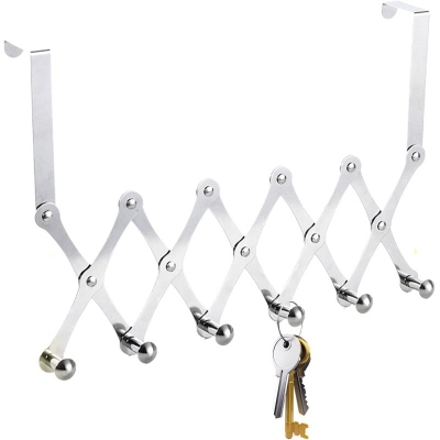 Picture of Door Hooks, Extendable Door Hook Rail, Door Coat Rack with 6 Hooks, Hook Rail Door Door Hook for Bathroom Hallway and Bedroom Coat Hook Without Drilling (Silver)-Silver